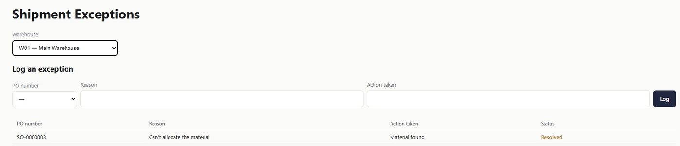 Shipment exceptions on record